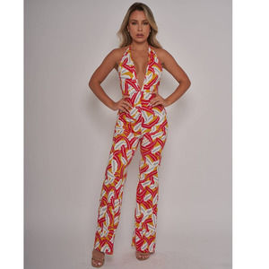 NWT Red Tropical Print Halter V Neck Jumpsuit